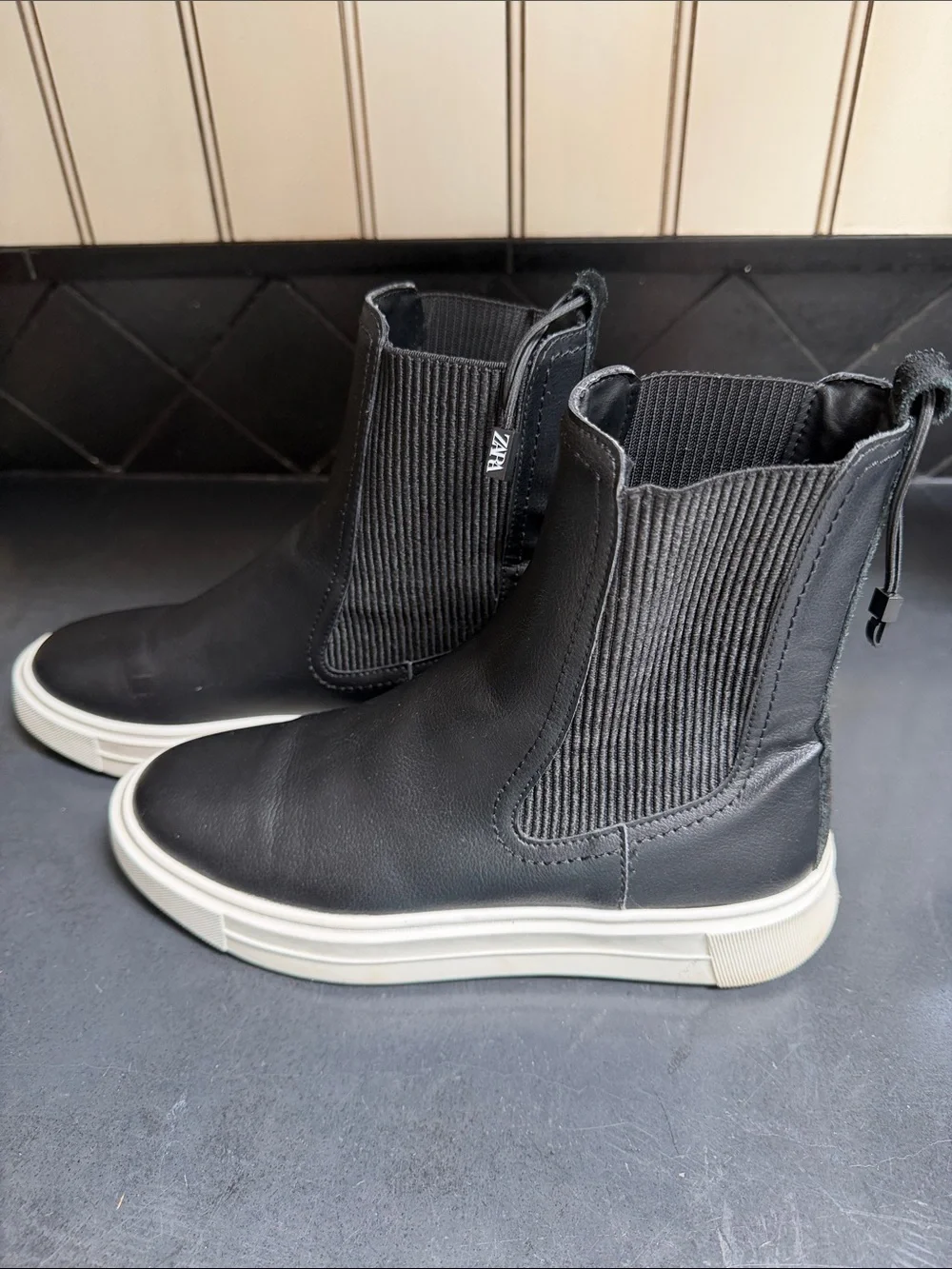 Zara Women's Black Leather Chelsea Sneaker Boots - White Sole